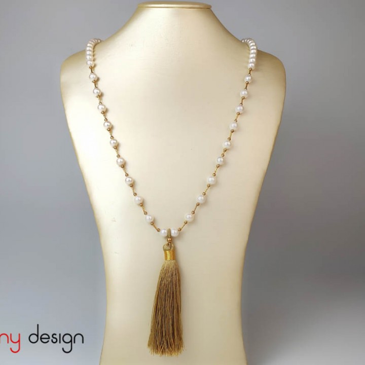 Pearl necklace mixed 18k gold bars & silk tassel